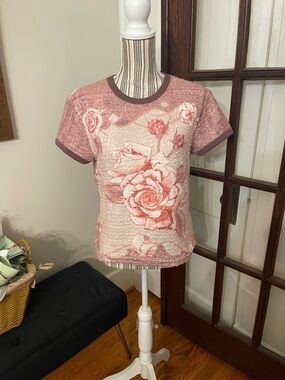 Acne Pink Rose Print Short-Sleeve Sweater Tee with Contrast Trim. Rare.